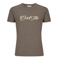 An mocha-brown short-sleeve t-shirt with the 'Cool Flo' script logo printed across the chest in a cream cursive script.