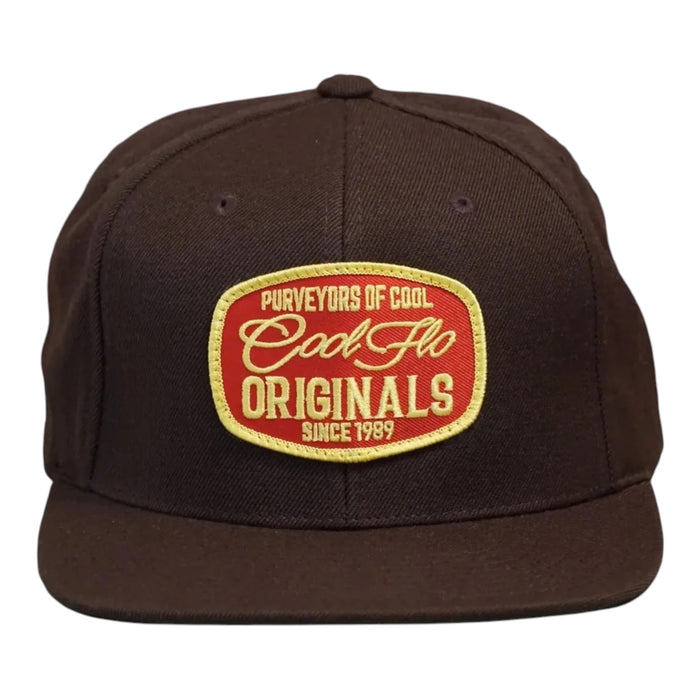 Right side view of a Cool Flo Brown Originals snapback cap featuring a Cool Flo loop tag, structured six-panel construction and adjustable snapback fastening