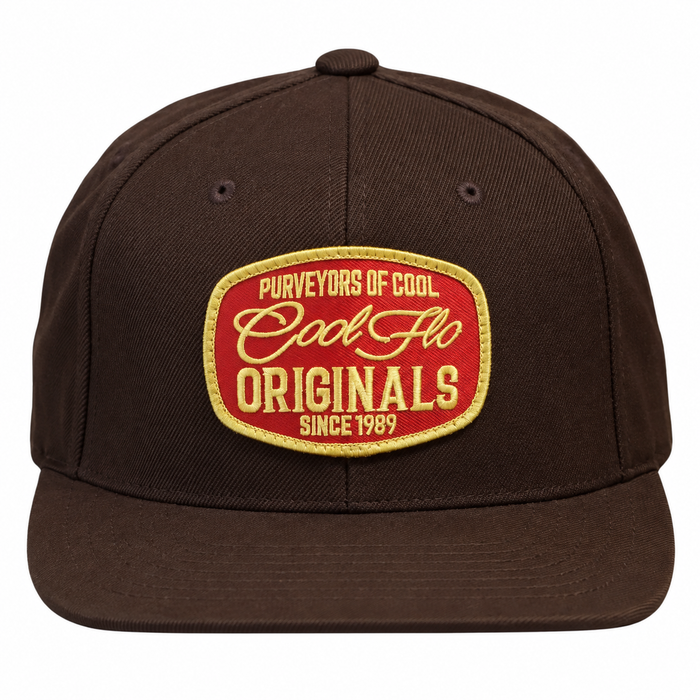 Right side view of a Cool Flo Brown Originals snapback cap featuring a Cool Flo loop tag, structured six-panel construction and adjustable snapback fastening.