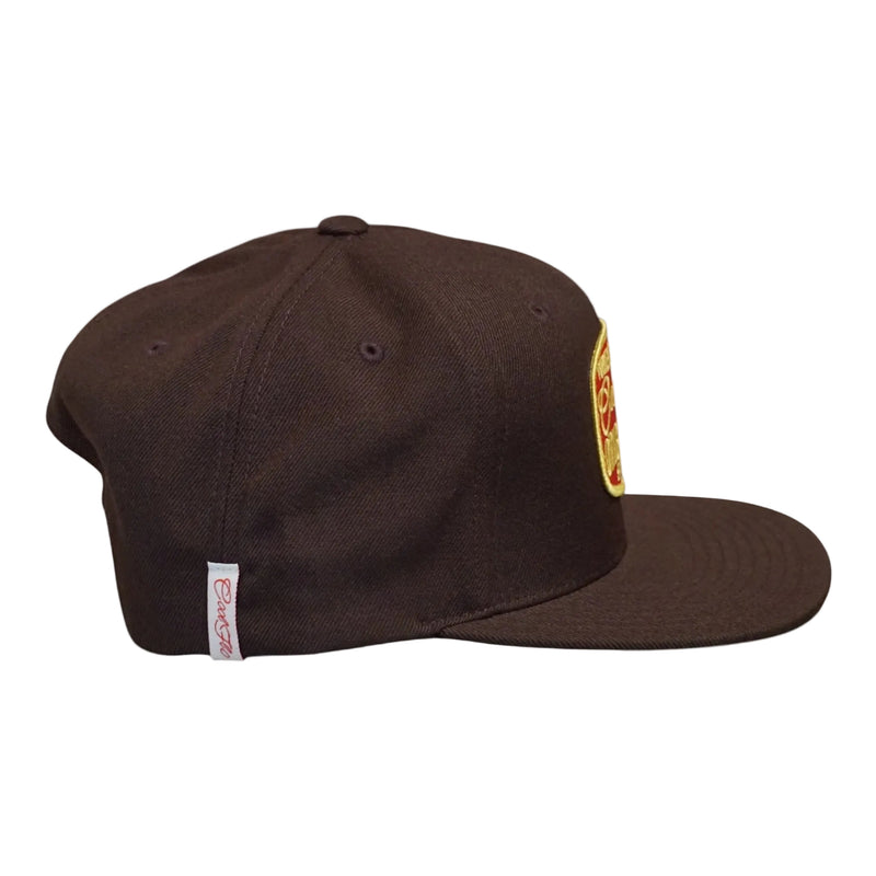 Right side view of a Cool Flo Brown Originals snapback cap featuring a Cool Flo loop tag, structured six-panel construction and adjustable snapback fastening