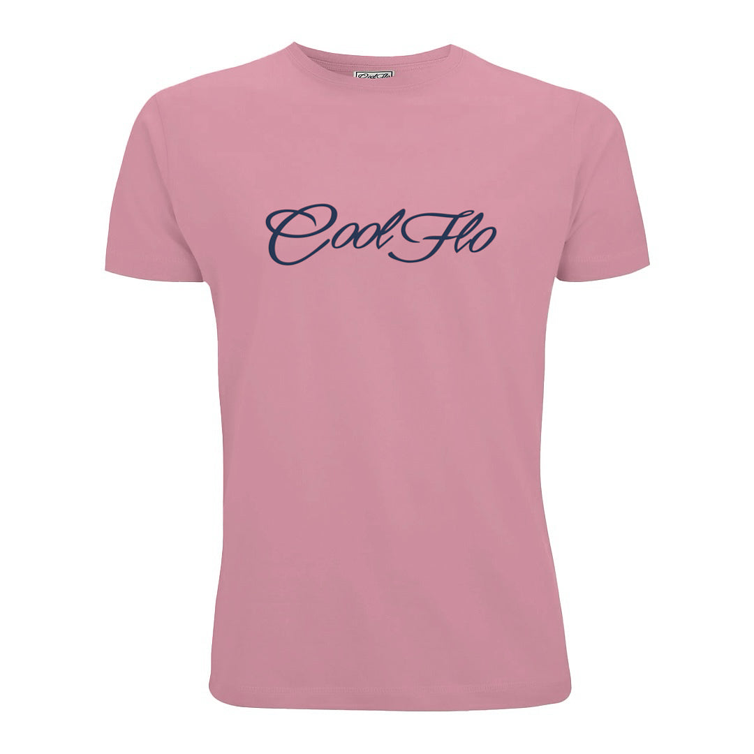 A pink short-sleeve t-shirt with the 'Cool Flo' script logo printed across the chest in a navy blue cursive script.