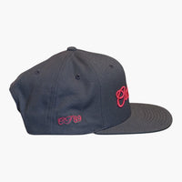Side view of a Cool Flo Dark Grey/Pink trucker cap featuring a raised 3D embroidered Script logo, breathable mesh back panels and CF89 embroidered side detail