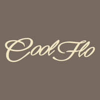 Close up of the Cool Flo Script Logo in cream on a mocha brown t-shirt.