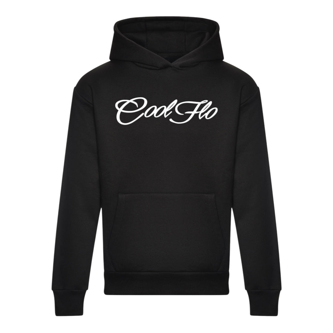 A black hoody with the 'Cool Flo' script logo printed across the chest in a white cursive script.