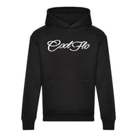 A black hoody with the 'Cool Flo' script logo printed across the chest in a white cursive script.