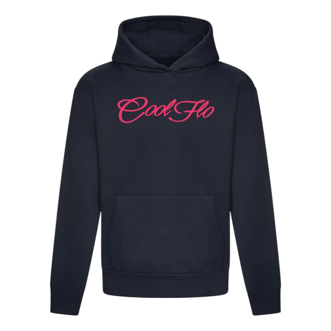 A navy blue hoody with the 'Cool Flo' script logo printed across the chest in a fuschia pink cursive script.