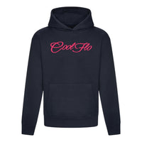 A navy blue hoody with the 'Cool Flo' script logo printed across the chest in a fuschia pink cursive script.