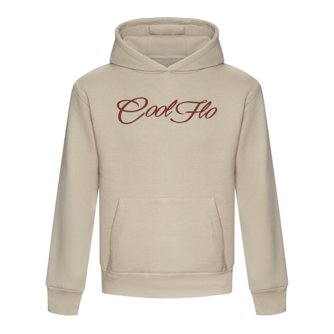 A stone-coloured hoody with the 'Cool Flo' script logo printed across the chest in a burgundy cursive script.