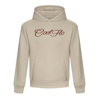 A stone-coloured hoody with the 'Cool Flo' script logo printed across the chest in a burgundy cursive script.
