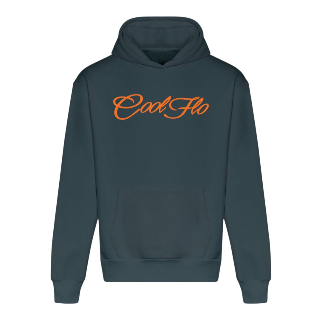A teal hoody with the 'Cool Flo' script logo printed across the chest in an orange cursive script.