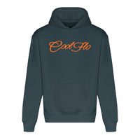 A teal hoody with the 'Cool Flo' script logo printed across the chest in an orange cursive script.