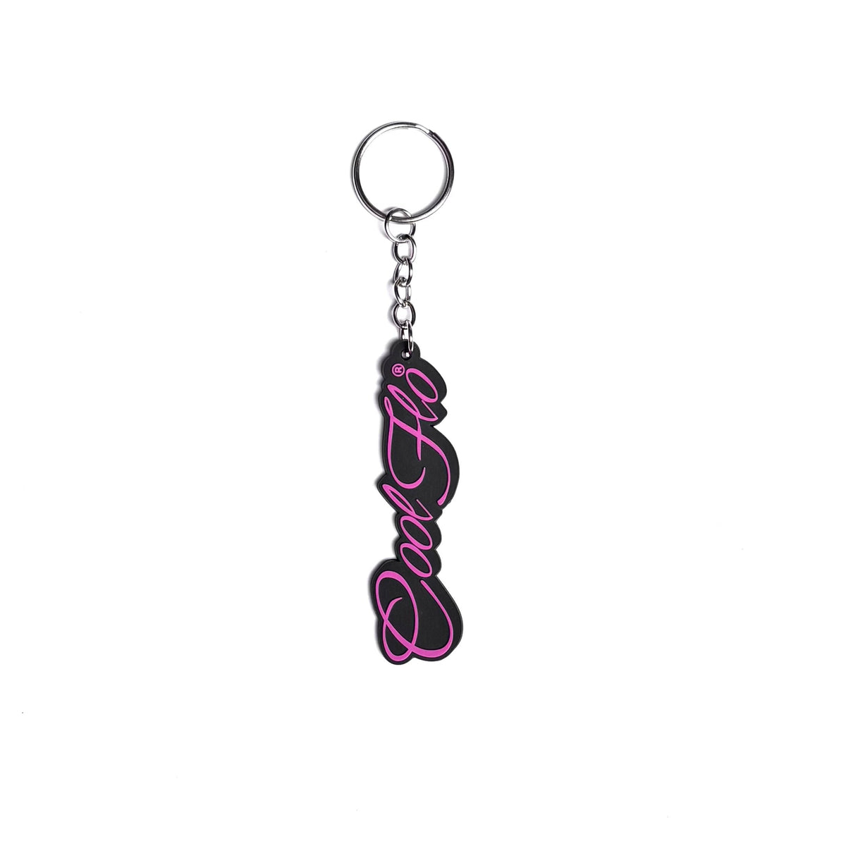A novelty keychain featuring the Cool Flo script logo in pink on a black  background with a silver metal key ring and chain.