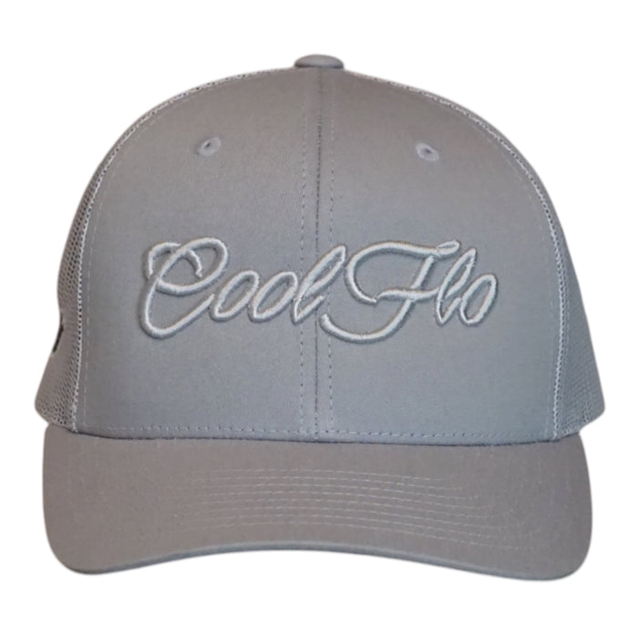 Front view of a Cool Flo silver-grey trucker cap featuring a raised 3D embroidered Script logo in tonal silver-grey and a curved visor