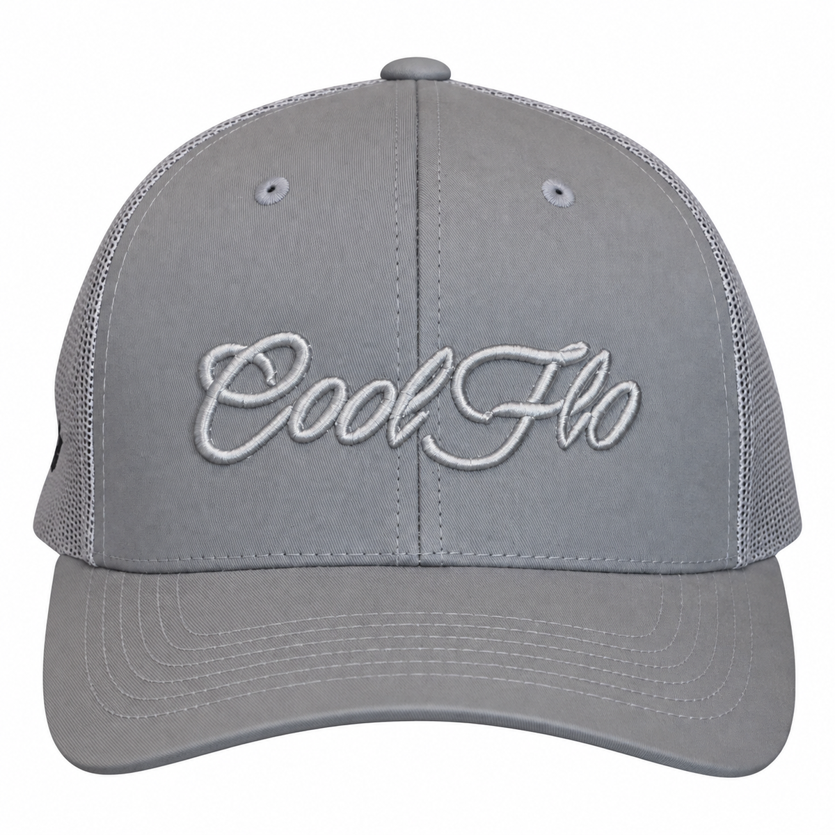 A gray trucker-style baseball cap with 'CoolFlo' embroidered in white script across the front, shown against a plain white background.