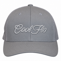 A gray trucker-style baseball cap with 'CoolFlo' embroidered in white script across the front, shown against a plain white background.