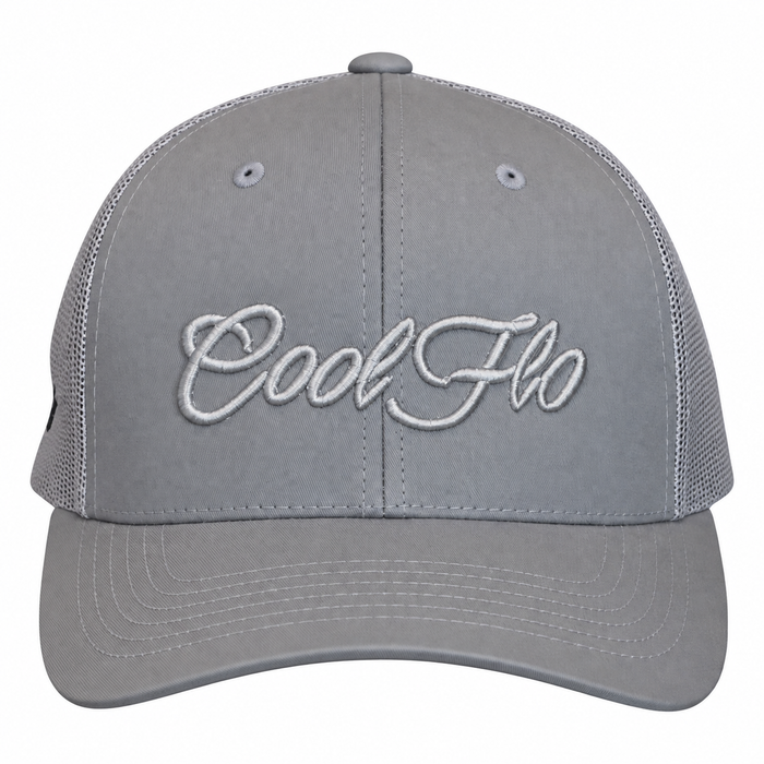 A gray trucker-style baseball cap with 'CoolFlo' embroidered in white script across the front, shown against a plain white background.