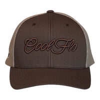 A brown and khaki trucker cap featuring the 'Cool Flo' script logo embroidered in brown across the front.  