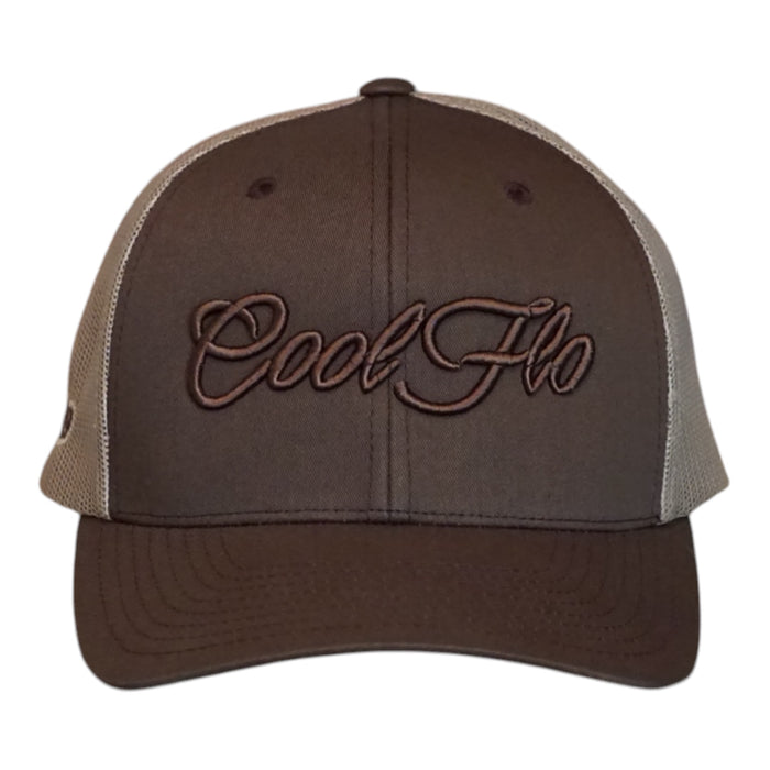A brown and khaki trucker cap featuring the 'Cool Flo' script logo embroidered in brown across the front.  
