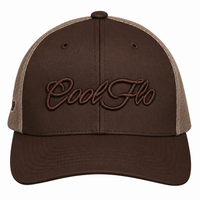 A brown and khaki trucker cap featuring the 'Cool Flo' script logo embroidered in brown across the front.  