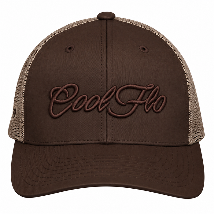 A brown and khaki trucker cap featuring the 'Cool Flo' script logo embroidered in brown across the front.  