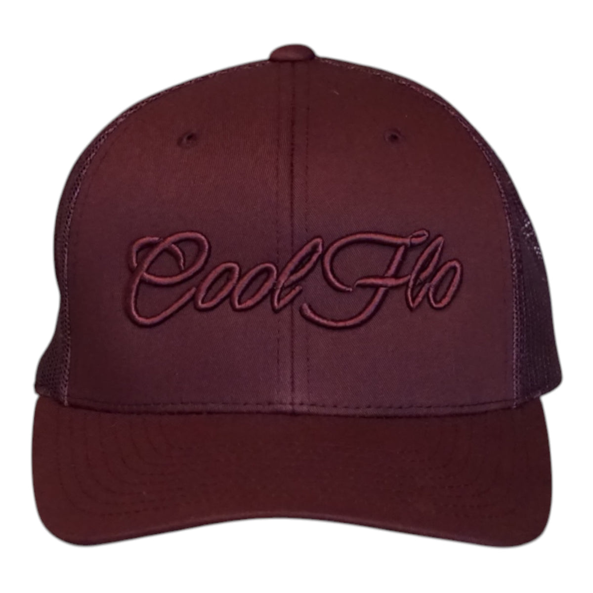 A maroon trucker cap with 'Cool Flo' embroidered in matching maroon script across the front, set against a plain white background.