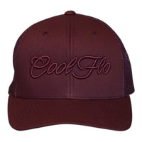 A maroon trucker cap with 'Cool Flo' embroidered in matching maroon script across the front, set against a plain white background.