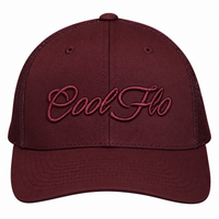 A maroon trucker cap with 'Cool Flo' embroidered in matching maroon script across the front, set against a plain white background.