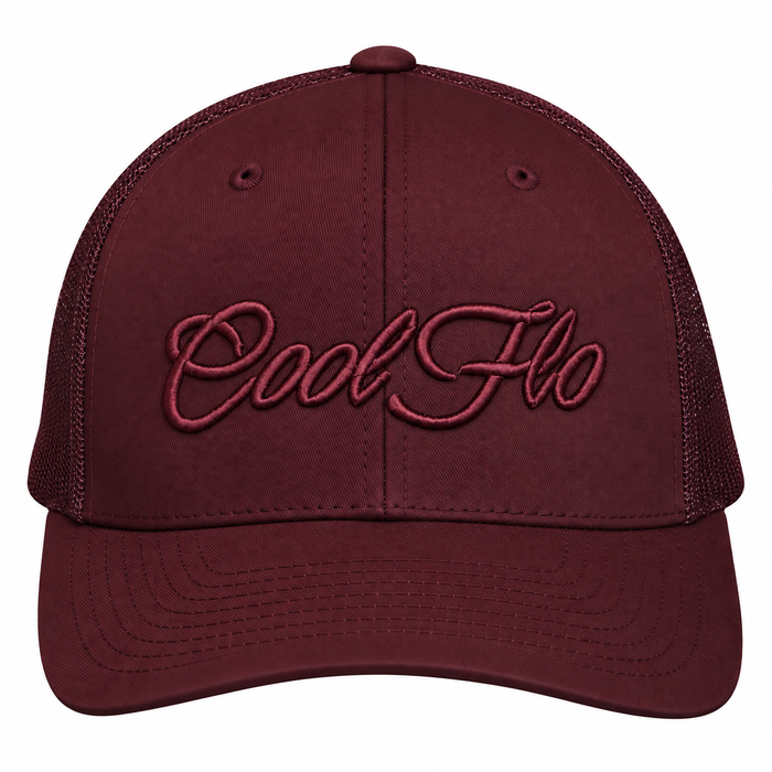 A maroon trucker cap with 'Cool Flo' embroidered in matching maroon script across the front, set against a plain white background.