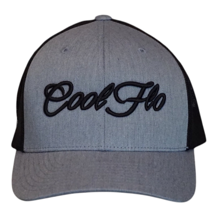 A heather grey trucker cap with black mesh side/back panels and black embroidered 'Cool Flo' script on the front, shown against a plain white background.