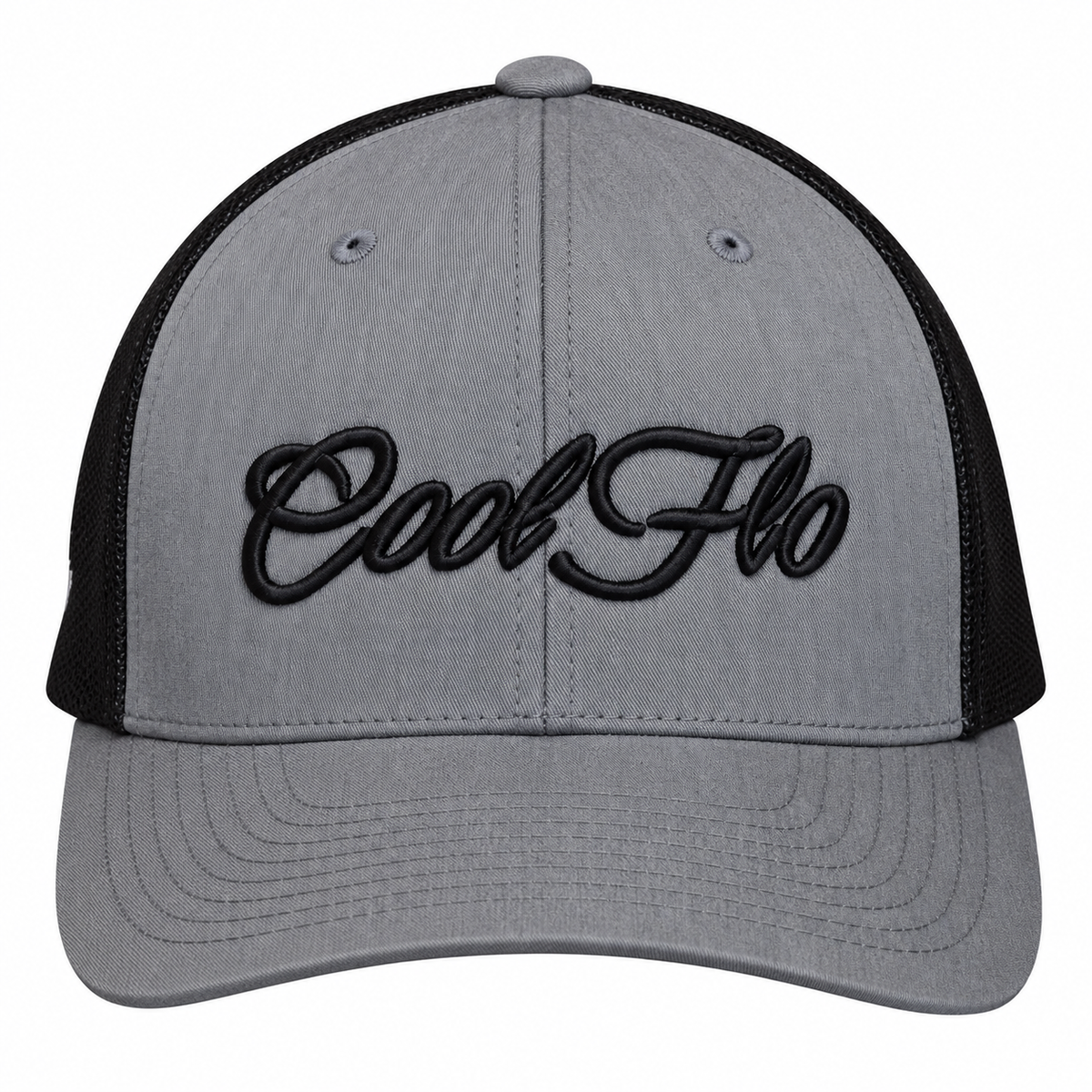 A heather grey trucker cap with black mesh side/back panels and black embroidered 'Cool Flo' script on the front, shown against a classic car.