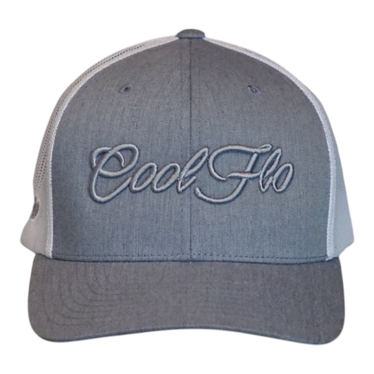 A heather grey trucker cap with white mesh side panels, and 'Cool Flo' embroidered in grey script across the front.