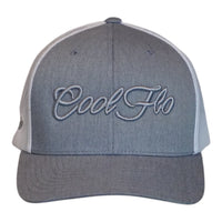 A heather grey trucker cap with white mesh side panels, and 'Cool Flo' embroidered in grey script across the front.