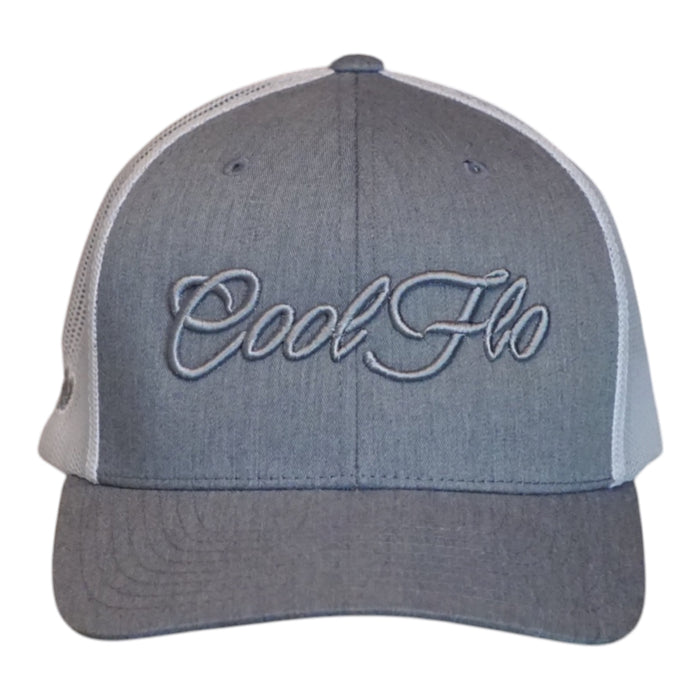 A heather grey trucker cap with white mesh side panels, and 'Cool Flo' embroidered in grey script across the front.