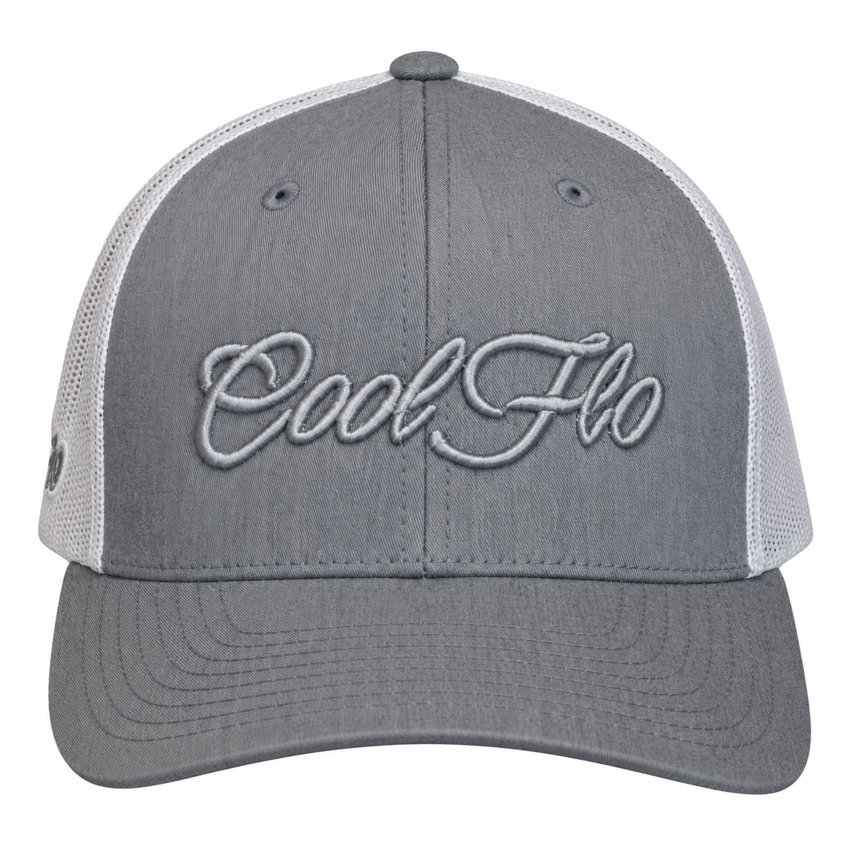 A heather grey trucker cap with white mesh side panels, and 'Cool Flo' embroidered in grey script across the front.
