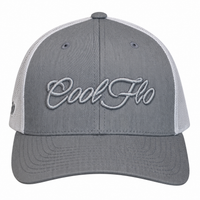 A heather grey trucker cap with white mesh side panels, and 'Cool Flo' embroidered in grey script across the front.