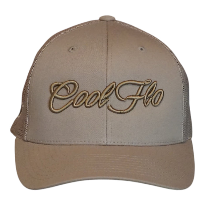 A structured trucker-style baseball cap in khaki, featuring the words 'Cool Flo' embroidered in a metallic 'bronze' script across the front panels. The cap has a matching beige curved brim and mesh back panels, shown against a plain white background.