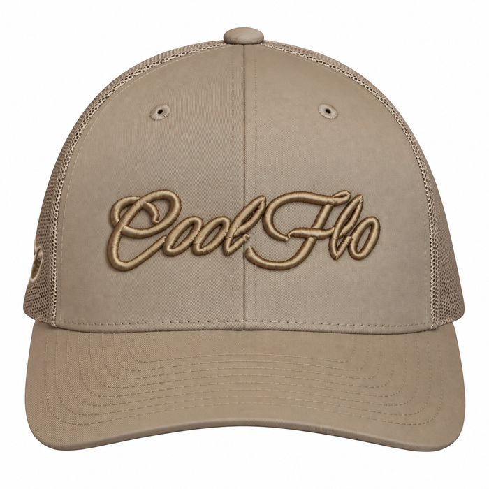 A structured trucker-style baseball cap in khaki, featuring the words 'Cool Flo' embroidered in a metallic 'bronze' script across the front panels. The cap has a matching beige curved brim and mesh back panels, shown against a plain white background.