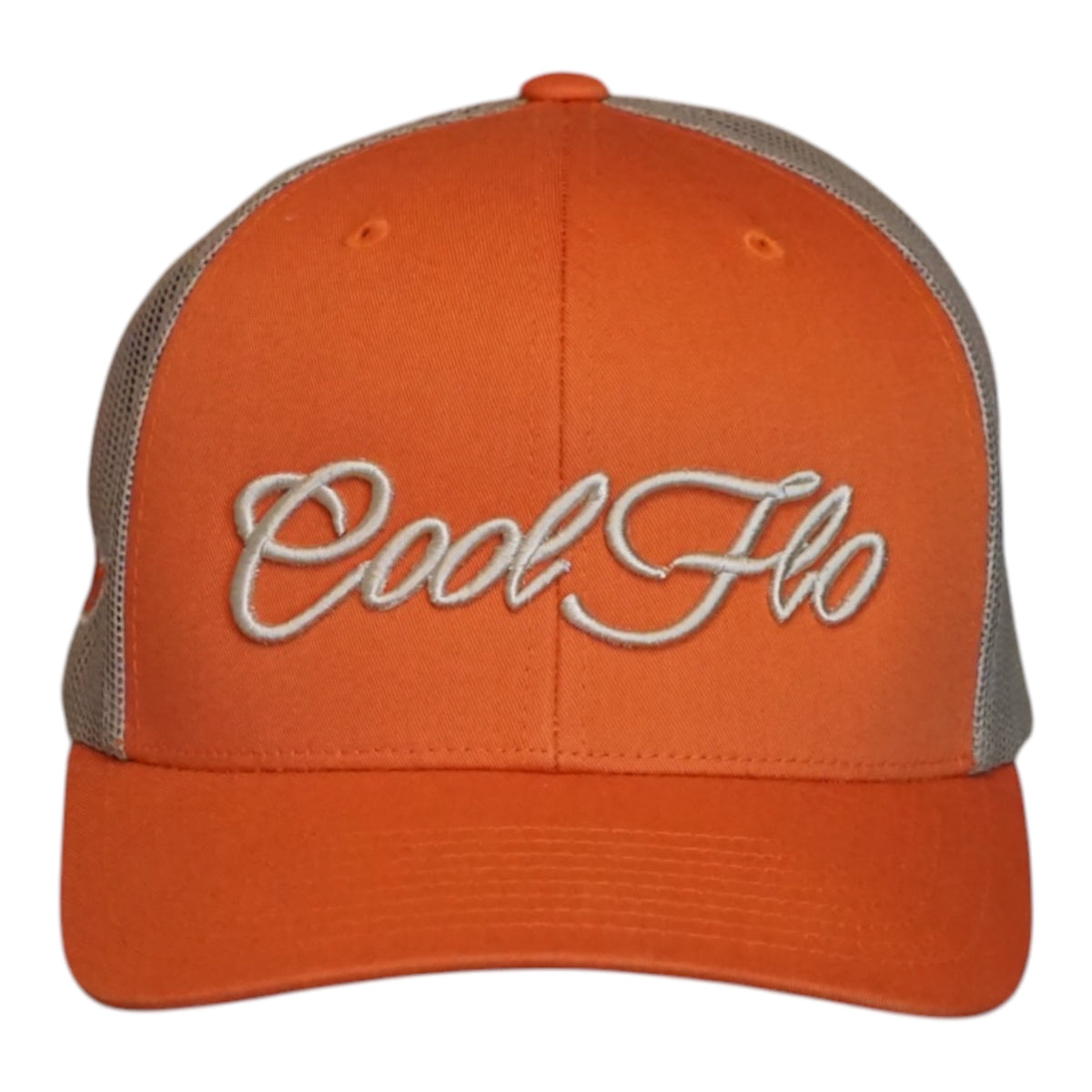 An orange trucker hat with khaki mesh back panels and 'Cool Flo' embroidered in yellow/gold script on the front, shown against a plain white background.