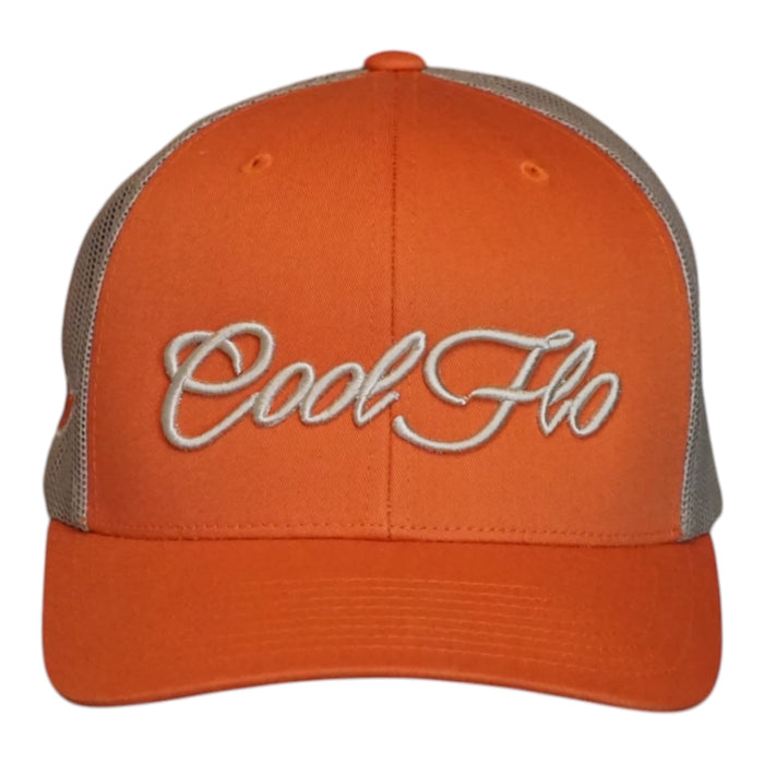 An orange trucker hat with khaki mesh back panels and 'Cool Flo' embroidered in yellow/gold script on the front, shown against a plain white background.
