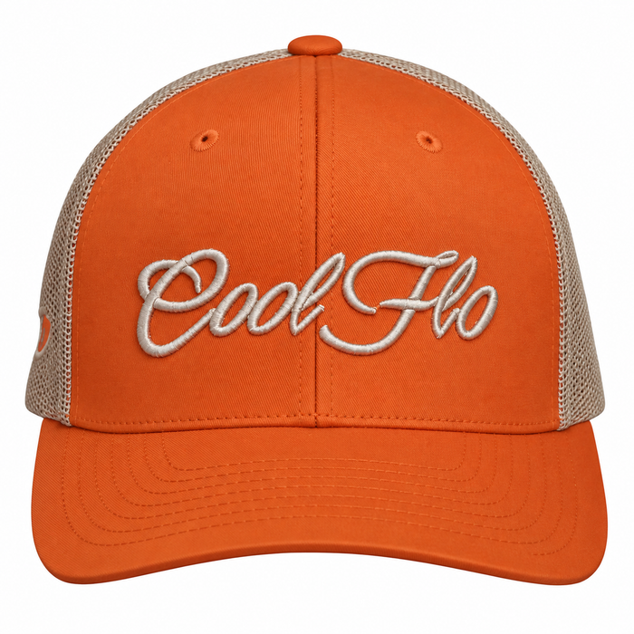 An orange trucker hat with khaki mesh back panels and 'Cool Flo' embroidered in yellow/gold script on the front, shown against a plain white background.