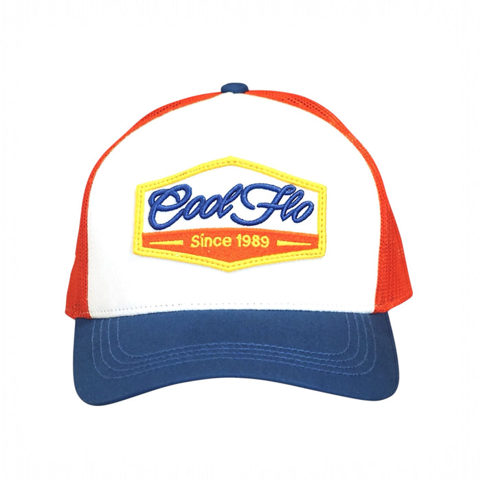 Front view of a Cool Flo Since 1989 trucker cap in White/Blue/Red featuring an embroidered Since 1989 badge in Blue, Yellow and White and a curved visor