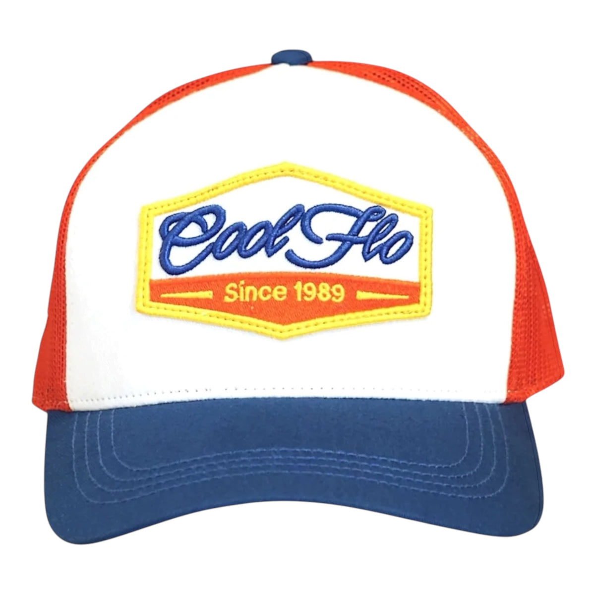 Front view of a Cool Flo Since 1989 trucker cap in White/Blue/Red featuring an embroidered Since 1989 badge in Blue, Yellow and White and a curved visor