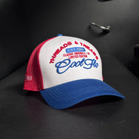 Cool Flo Threads & Treads trucker cap in red, white and blue with embroidered front logo and CF89 side detail.