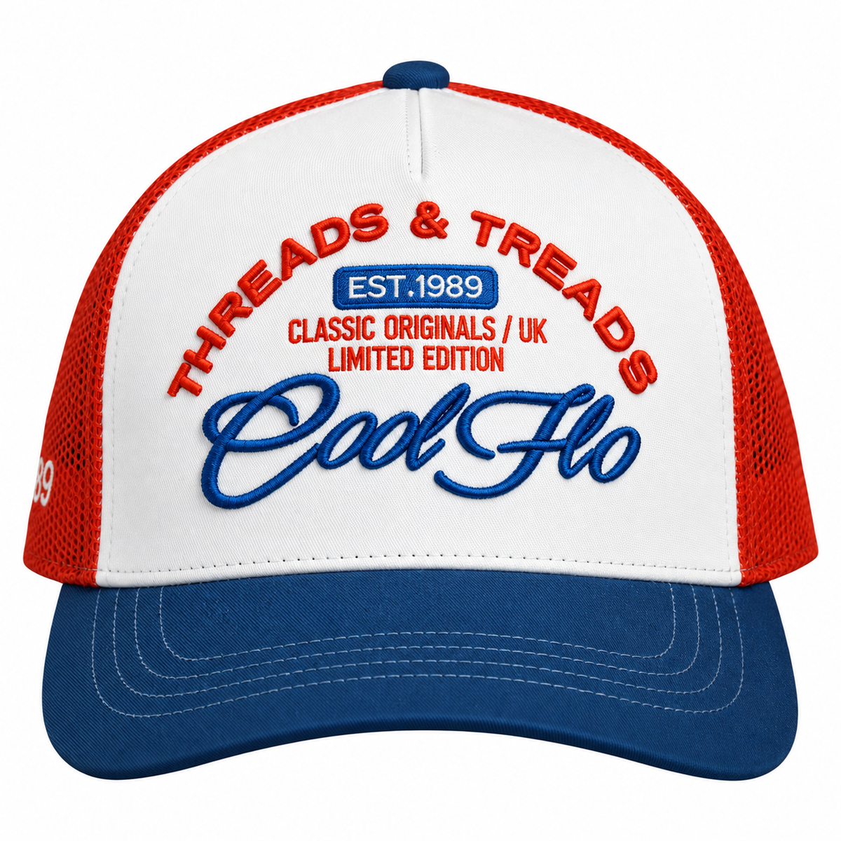 A red, white, and blue trucker hat with embroidered text reading 'THREADS & TREADS', 'EST. 1989', 'CLASSIC ORIGINALS / UK LIMITED EDITION', and 'Cool Flo'.