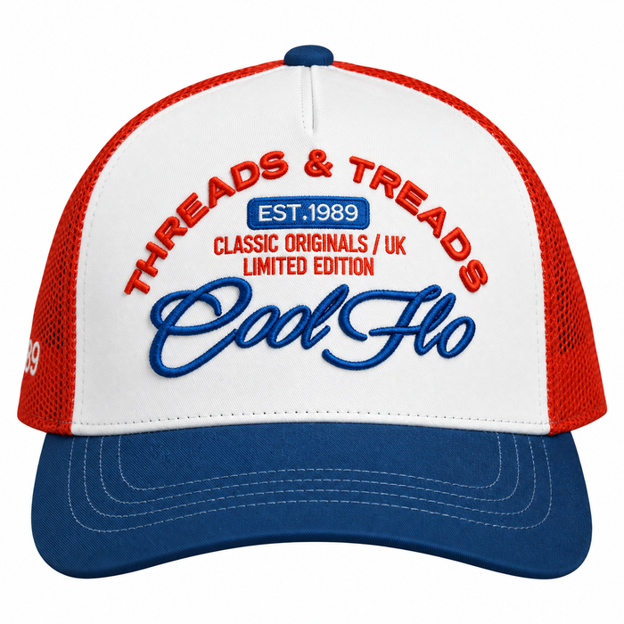 A red, white, and blue trucker hat with embroidered text reading 'THREADS & TREADS', 'EST. 1989', 'CLASSIC ORIGINALS / UK LIMITED EDITION', and 'Cool Flo'.