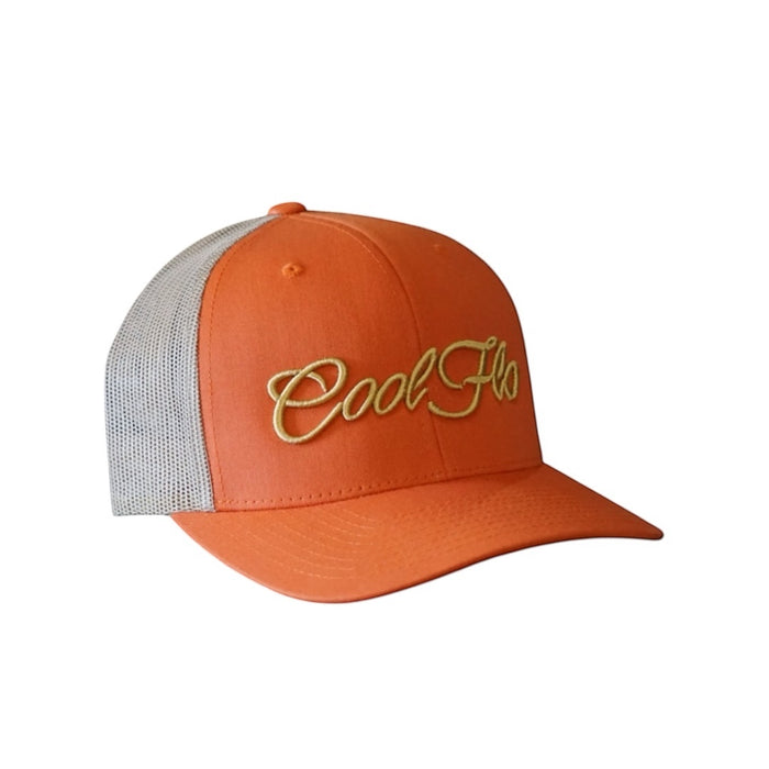 Cool Flo orange/khaki 3D script trucker cap with embroidered yellow-gold high-build logo.