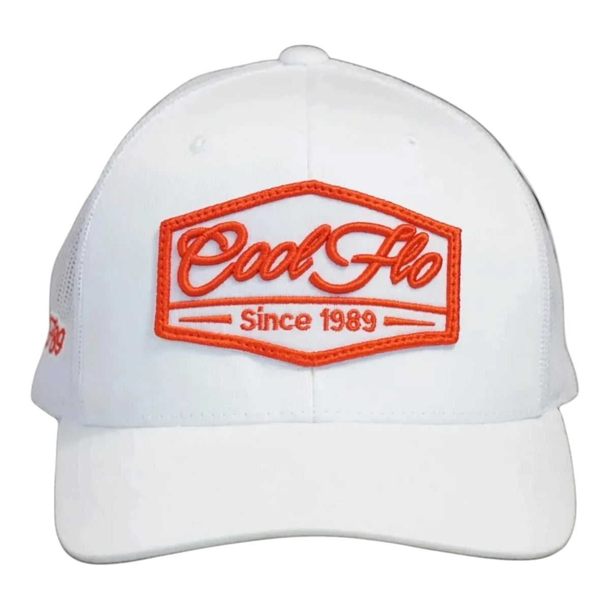 Front view of a Cool Flo Since 1989 trucker cap in White featuring an embroidered Since 1989 badge in Orange and White and a curved visor