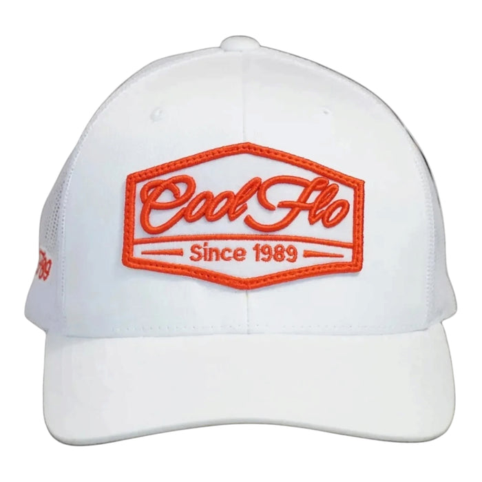 Front view of a Cool Flo Since 1989 trucker cap in White featuring an embroidered Since 1989 badge in Orange and White and a curved visor