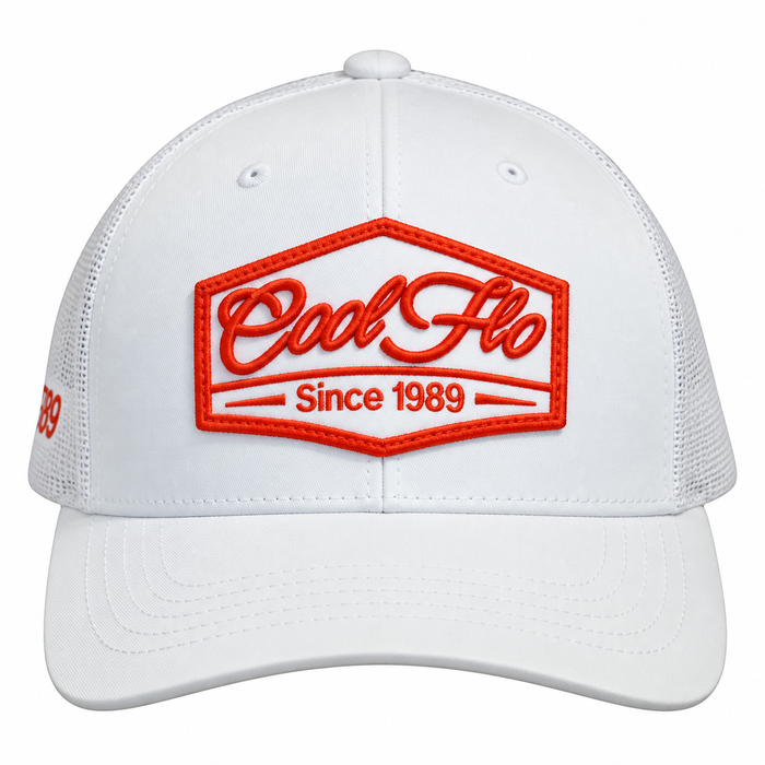 Front view of a Cool Flo Since 1989 trucker cap in White featuring an embroidered Since 1989 badge in Orange and White and a curved visor.