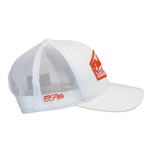 Right side view of a Cool Flo White Since 1989 trucker cap featuring Orange embroidered side detail, breathable mesh back panels and adjustable snapback fastening